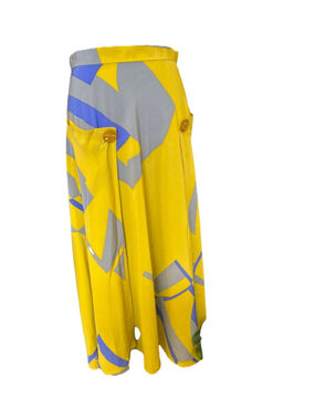 Jiarjia A-Line Midi Skirt Flowing Abstract Yellow Gray Design Button 12 NWOT